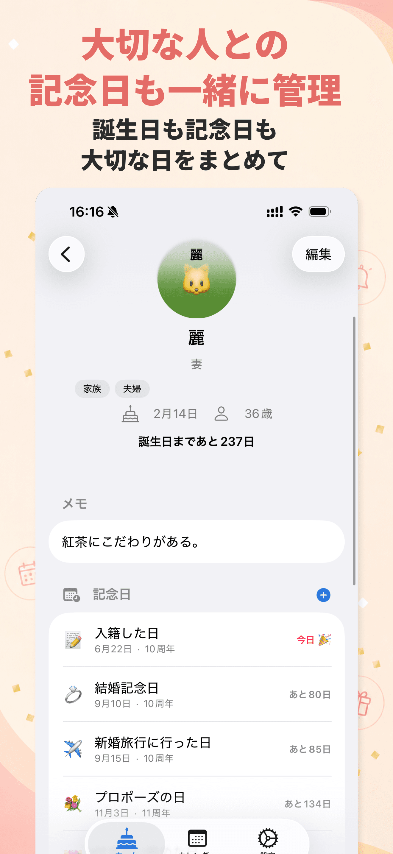 人物の詳細と記念日の管理画面